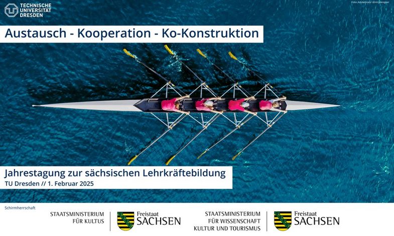 Bild mit einerm 4er Ruderboot auf einem Gewässer. Im oberen Bereich des Bilds steht: Austausch - Kooperation - Ko Konstruktion. Unter dem Boot steht der Titel der Tagung.