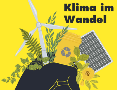Illustration/Zeichnung: Auf gelben Hintergrund hält eine schwarze Hand einen Blumenstrauß, der aus einigen grünen Pflanzen, einem Windrad, einem Solarpanel und einer gelben Recycling-Tonne besteht.