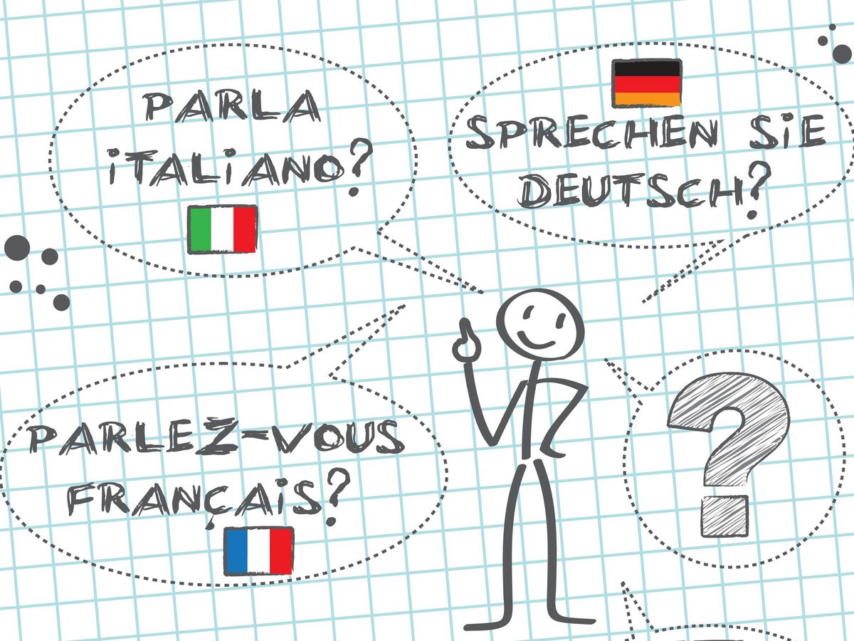 zur Vergrößerungsansicht des Bildes: Auf dem Bild ist ein Strichmännchen mit Sprechblasen abgebildet, welches in fünf verschiedene Sprachen fragt: "Sprechen Sie Deutsch/Spanisch/Französisch/Italienisch/Englisch?"