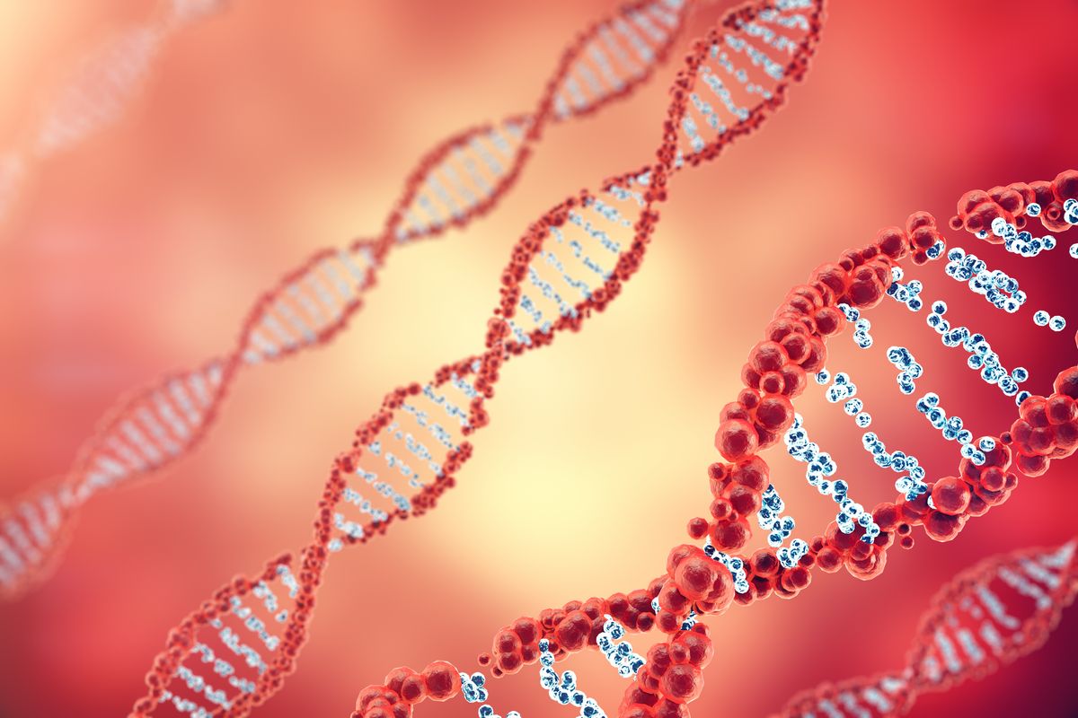 zur Vergrößerungsansicht des Bildes: Hier wird eine DNA-Doppelhelix vor einem roten Hintergrund abgebildet.
