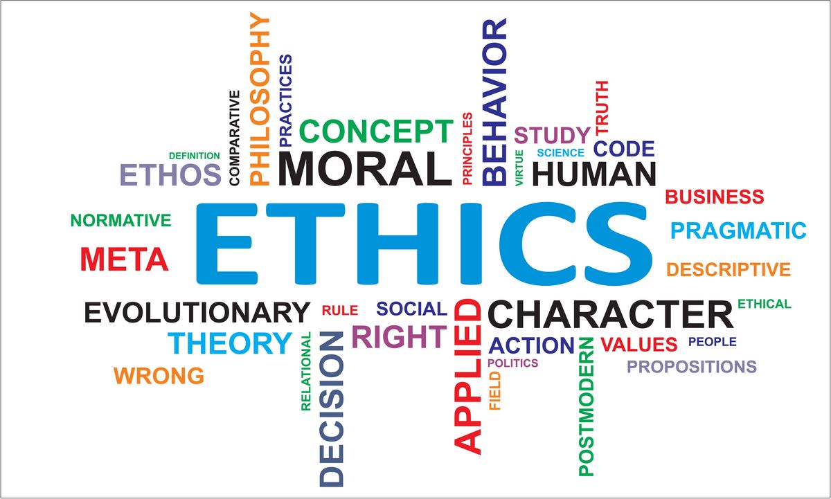 zur Vergrößerungsansicht des Bildes: Auf dem Bild sind viele bunt geschriebene englische Wörter, die von oben nach unten oder von links nach rechts geordnet sind. Einige Wörter sind Ethic, Moral, Character, Human, Philosophy, Behavior.