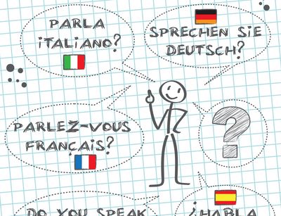 Auf dem Bild ist ein Strichmännchen mit Sprechblasen abgebildet, welches in fünf verschiedene Sprachen fragt: "Sprechen Sie Deutsch/Spanisch/Französisch/Italienisch/Englisch?"