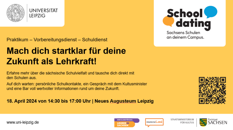 Der mehrheitlich gelb gehaltene Flyer beinhaltet neben Logos der Veranstalter die wichtigsten Informationen zur Schulmesse im Überblick sowie einen QR-Code. 