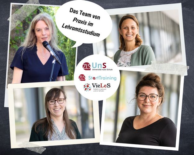 Fotocollage, zusammengestellt aus vier Fotos von Frauen, einer Sprechblase und den Logos der Projekte von Praxis im Lehramtsstudium